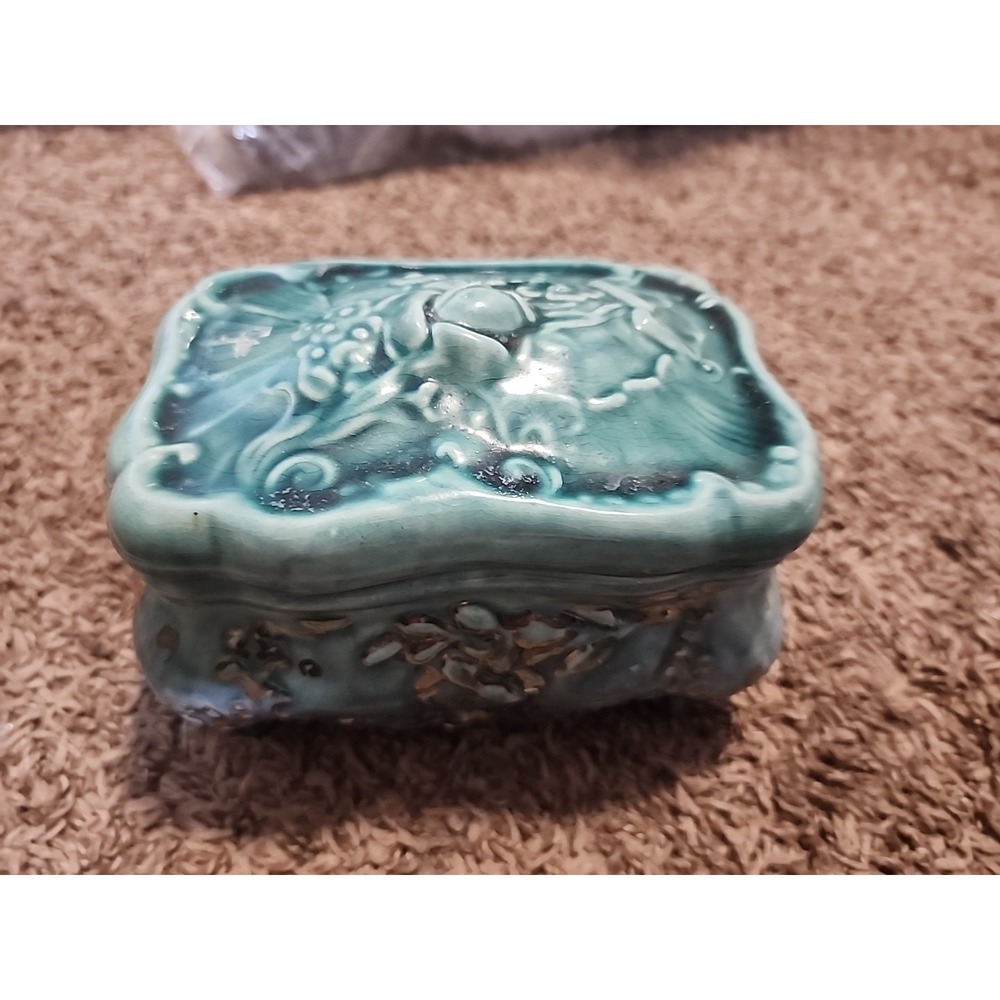 Asian Inspired Ceramic Trinket Box Turquoise Brown 5 1/2"x4" - Picture 1 of 7